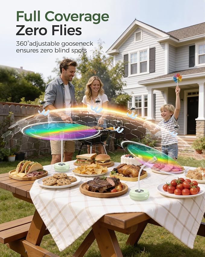 TriPole Fly Fans for Tables, Food Fans 2000mAh Rechargeable Table Fan Portable Fly Spinners with LED Display, 20H Runtime for Outdoor Picnic, BBQ Patio Parties, Camping, Kitchen, 4 Pack (Light Green)