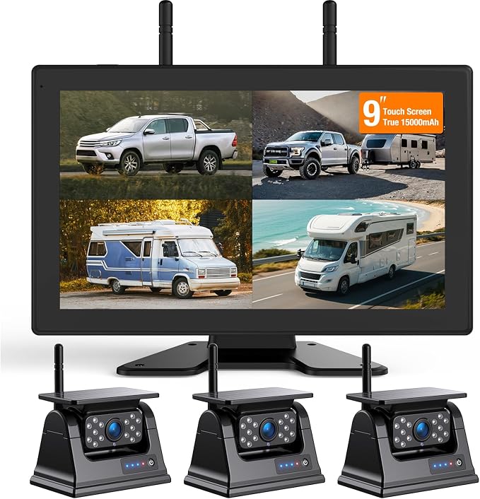 3 Magnetic Solar Wireless Backup Camera for Truck, 9" Portable 1 Min Easy Install Scratch-Proof No Delay Touch Screen Monitor System True 15000mAh Rechargeable Reverse Camera for Tractor Excavator