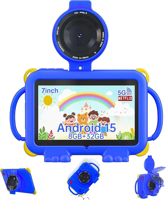 PEICHENG Tablet for Kids, 7Inch IPS Display, (3+5GB) RAM+32GB ROM+1TB Expand, Shockproof Case with Handles, Parental Control, Educational Entertainment Apps, Dual Cameras (90° Rotatable Lens) (Blue)