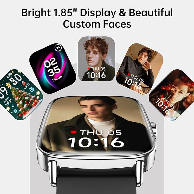 Gydom Smart Watch for Women and Men, 1.85" HD Fitness Trackers for iPhone/Android/Samsung (Answer/Make Calls), Heart Rate/Sleep/SpO2 Monitor, 101+ Sports Modes, IP68 Waterproof, 2 Bands, Black