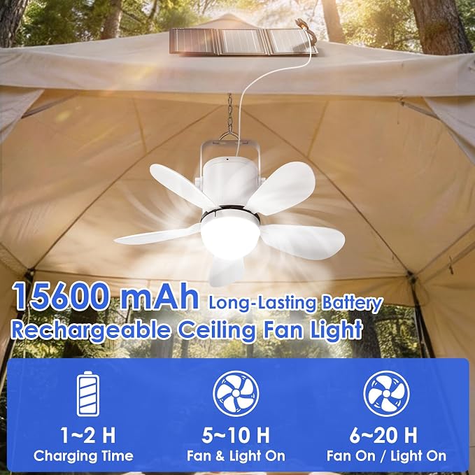 Solar Ceiling Fan Light, Portable Solar Powered Gazebo Fan Light for Outside, Rechargeable Battery Camping Fan Light with Remote, for Outdoor Canopy Tent RVs Porch Patio Greenhouse Pergola