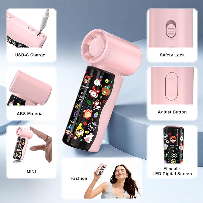 R-fun Colorful Handheld Mini Fan M126, 18000 RPM High-Speed Turbo Personal Fan, Rechargeabl Portable Fan, Flexible Curved Color Screen, Travel Essentials, Summer Gifts for Women and Men, Pink