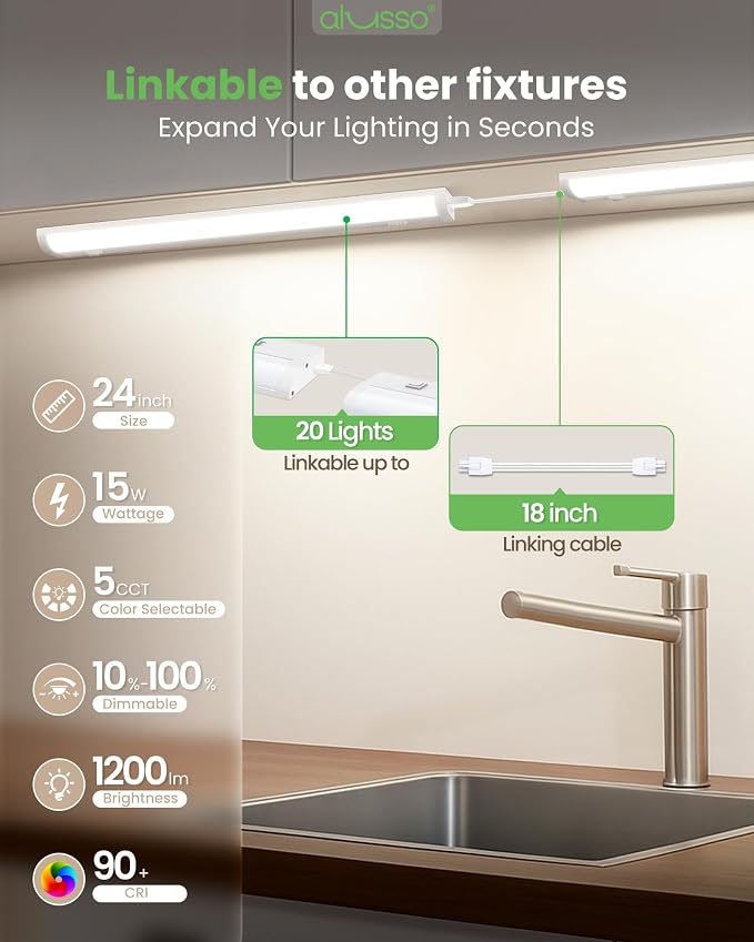 ALUSSO 24 Inch LED Under Cabinet Lighting Plug in 120V, 5CCT Color Selectable 2700K-5000K Dimmable 15W 1200LM High Brightness, CRI 90+ Strip Linkable Under Counter Lights for Kitchen Sink, 1 Pack