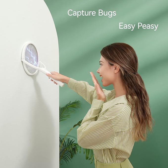 2 Pack BUGZILLA Electric Fly Swatter Racket Rotating Head Type-C Rechargeable Electric Bug Zapper Racket Mosquito Zapper Fly Zapper Racket Gnat Wasp Killer Indoor 2 Pack