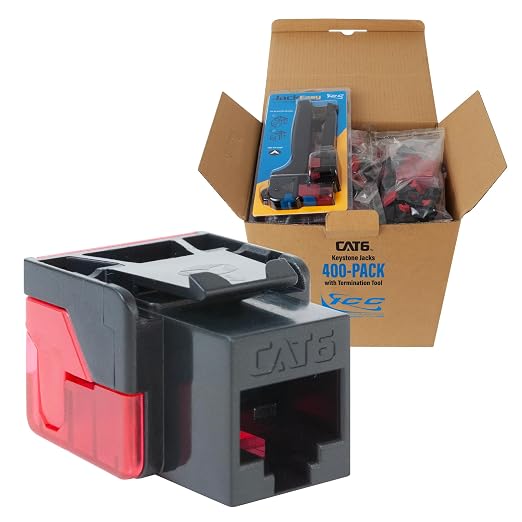 ICC CAT6 Keystone Jack with Inline IDC No Pair Split Wiring (Easier Termination) UL Listed PoE++ TAA Compliant for Wall Plate or Patch Panel, Includes JackEasy Termination Tool,Black, 400 Pack