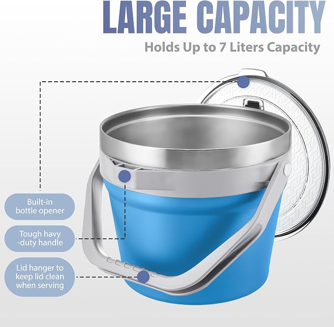 COKTIK 7L Vacuum Insulated Ice Bucket with Lid and Scoop& Tongs，Large capacity Stainless Steel Beverage Bucket for Cocktail, Champagne, Wine, Beer，Large Parties（Blue Suit）