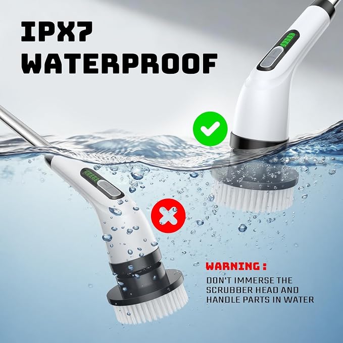 Highyes Electric Spin Scrubber, Powerful 2-Speed Cleaning Brush, IPX7 Waterproof with 7 Reusable Brush Heads & Extendable Handle, for Bathroom Toilet Shower Kitchen Wall Tile Floor Grout (White)