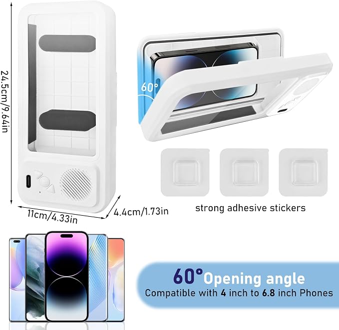 Shower Phone Holder with Wireless Bluetooth Speaker, Waterproof 480 Rotation Viewable Shower Phone Stand Case Mount Speakers for Bathroom Wall Mirro for 4"- 6.8" Cell Phones ,Gift for Mom(White)