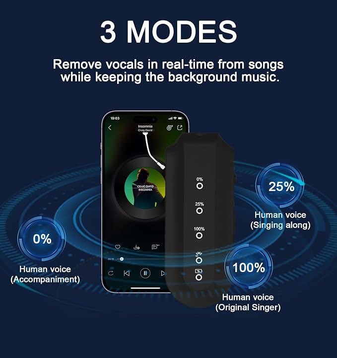 Portable Vocal Remover, AI Intelligent Real-Time Voice Elimination for Karaoke Machines,Bluetooth-Enabled Receiver Compatible with Any 3.5mm Speaker