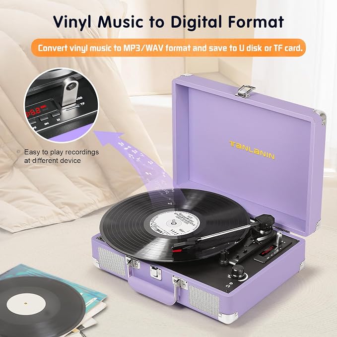 Vinyl Record Player with Built-in Speakers Vintage 3-Speed Portable Suitcase Bluetooth Turntables with USB Recording Belt-Driven LP Player Support AUX/RCA/Headphone Jack, Purple Leather