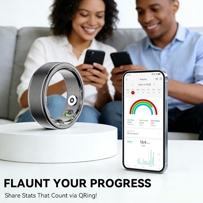 Smart Ring for Women Men,Fitness Ring with 24/7 Activity Tracking,Stress,Sleep Monitoring,No APP Subscription Fees,Compatible with iOS & Android, HarmonyOS Black, 7#