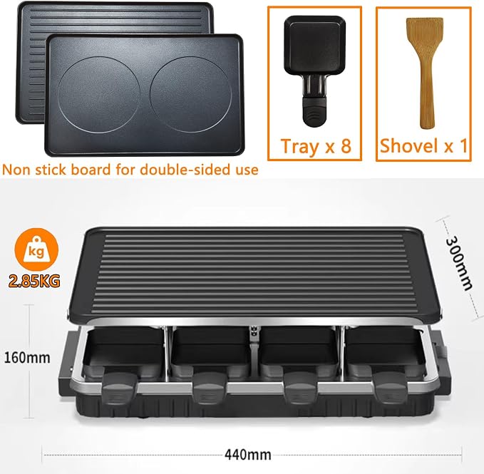 Indoor Grill Table Smokeless Portable Griddle Raclette Grill Nonstick with 8 Cheese Maker Pans Temperature Control & Dishwasher Safe 1300W Ideal for Parties and Family Fun