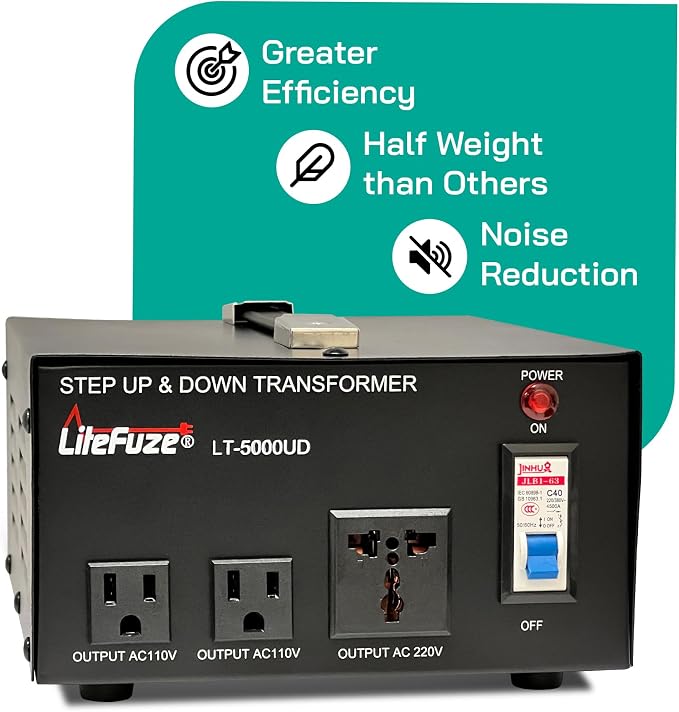 LiteFuze 5000 Watt Voltage Converter Transformer Step Up/Down - 110v to 220v / 220v to 110v Power Converter - Fully USA Grounded Cord - Universal Outlet Socket, 2x US Outlets - CE Certified