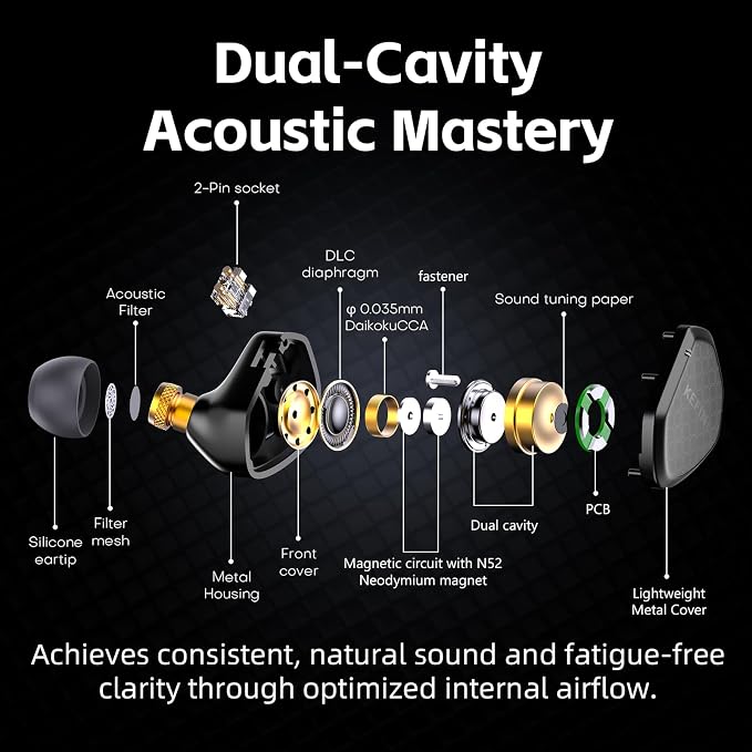 Klean Hi-Fi in Ear Monitor, Wired Gaming Earbuds, 10mm DLC Diaphragm Dynamic Driver, Wired Earphones, Interchangeable Tuning Nozzles, HiFi IEM for Audiophile, Musician & Gaming(with Mic USB-C)