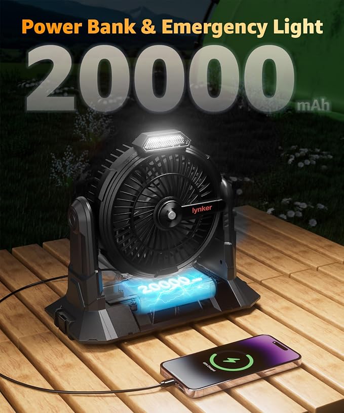 lynker Portable Misting Fan with Remote, Camping Fan with 20000mAh Rechargeable Battery Operated, 6L Water Tank, 3 Speed Levels, 2 Spray Modes, Hanging & Lighting for Outdoor Indoor Cooling (Black)