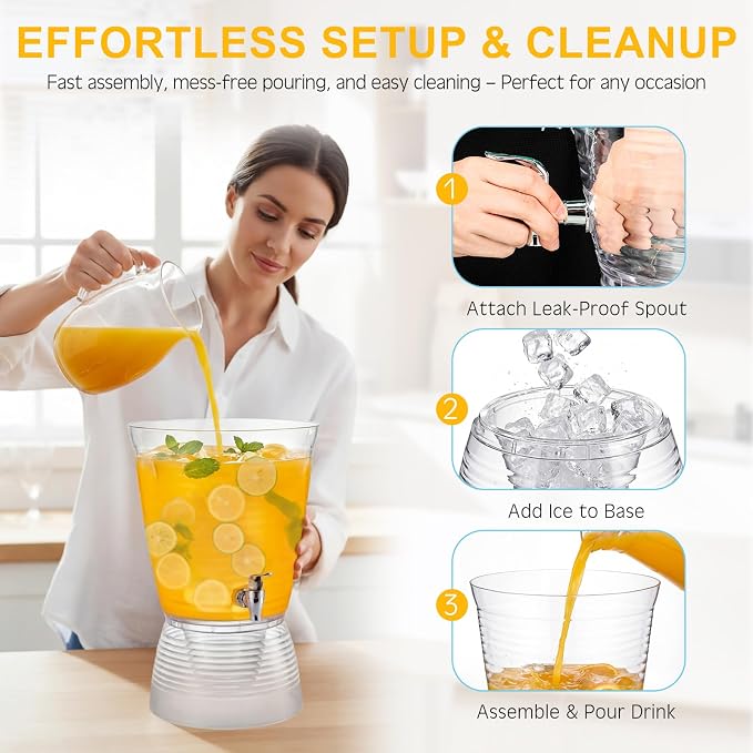 Nuenen 2 Sets of 2.6 Gallon Beverage Dispensers for Parties, Clear Plastic Drink Juice Dispensers with Spigot and Drip Tray Beverage Water Fountains for Wedding Birthday Party Cold Hot Drinks
