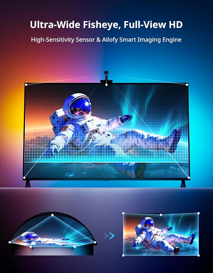 Ailofy TV Backlight with Camera for 55-65" TVs, 12.5ft LED Strip Lights, Real-Time Full-Screen Sync for Movies, Gaming & Music, Smart Bias Lighting, Works with Alexa & Google Assistant, App Control