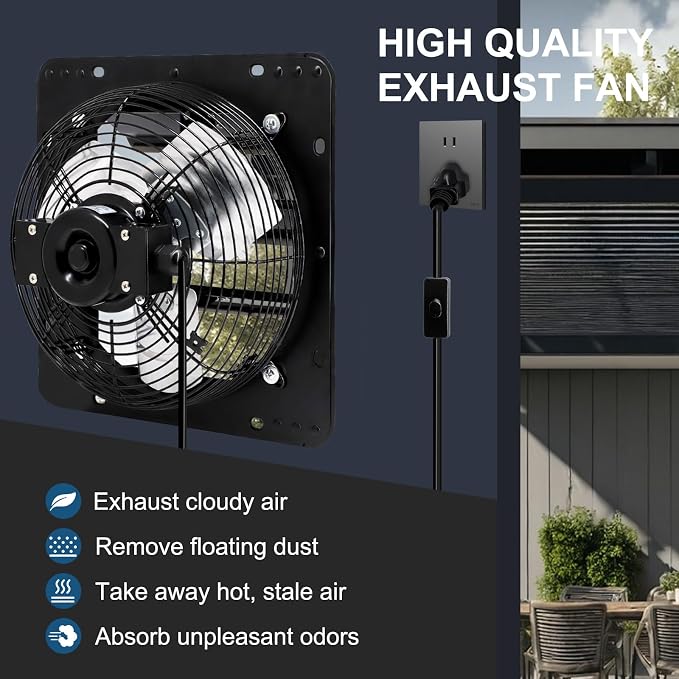 Criditpid 12 Inch Pure Copper Shutter Exhaust Fan, Black Through Wall Ventilation Exhaust Fan with ON/OFF Switch for Gable, Home, Shed, Garage, Basement, Kitchen, Attic Ventilation, 970CFM, 1680RPM.