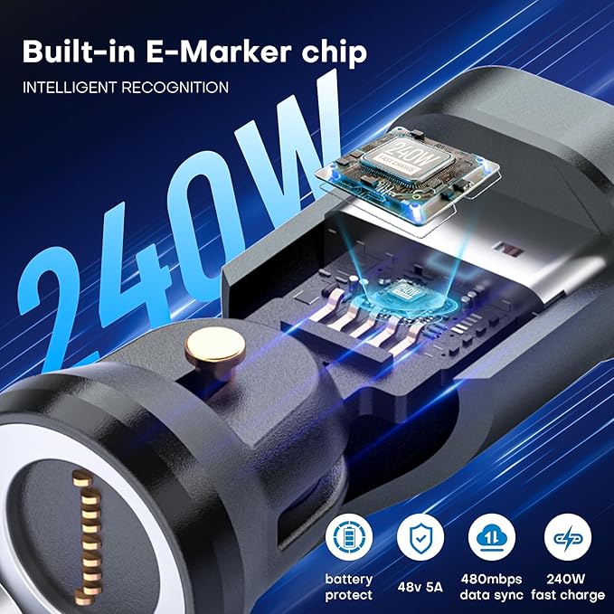 Magnetic USB C to C Adapter, 240W PD Fast Charging, 480Mbps Data Transfer, 540°Rotating Swivel Connector with LED Type-C Tips Port Protection 9-Pin for Phone 15 Pad Galaxy