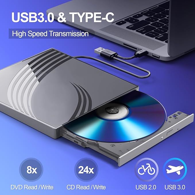 BPAKDU External CD/DVD Drive for Laptop, Ultra Slim CD Burner USB 3.0 Hub with 4 USB Ports, 2 TF/SD Card Slots, 1 Type-C Port, Laptop DVD Player with Case(Gray)