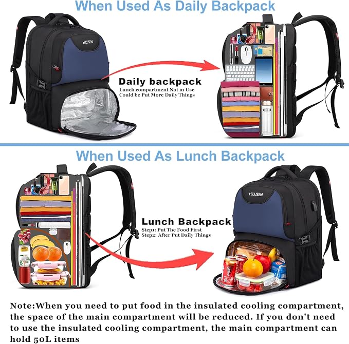 Lunch Backpack for Men, Insulated Cooler Lunch Box Backpack, Extra Large 50L Travel Laptop Backpack for Work with USB Charging Port, Water Resistant 17inch Computer Bag Big, Blue