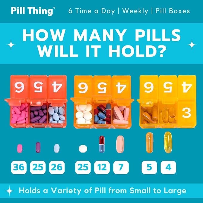 6 Times a Day, 7 Day Large Weekly Pill Organizer with Holder Tray, Vitamin, Medicine Box, Multicolor with Medical Alert Card (6X a Day - 2 Pack)
