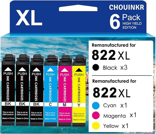Remanufactured Ink Cartridge Replacement for Epson 822 822XL Ink Cartridges Use with WF-3820 WF-3823 WF-4820 WF-4830 WF-4834 WF-4833 Printer (3 Black Cyan Magenta Yellow, 6 Pack)