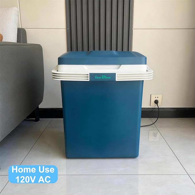 Iceblue Electric Cooler, 26 Liters/28 Cans Mini Fridge with Automatic Locking Handle, 120V AC Home Power Cord & 12V Car Adapter Car Refrigerator, Car Fridge for Home, Car, Gift (Blue)