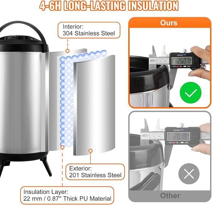 VEVOR Stainless Steel Insulated Beverage Dispenser, 2.4 Gallon 9.2 Liter, Thermal Hot and Cold Drink Server Dispenser with Spigot Handle, Food-grade for Hot Tea Coffee Water Restaurant Drink Shop