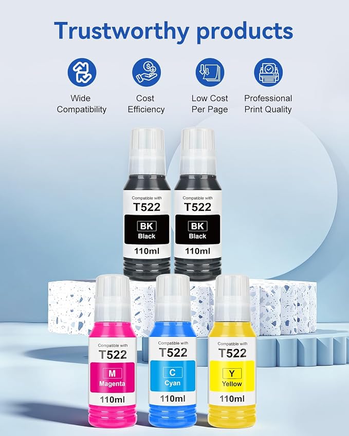EaseFusion 522 High Capacity Ink Refill Bottle (5-Bottles) Replacement for Epson 522 Ink Works with EcoTank ET-2800 ET-2803 ET-2400 ET-4800 ET-4700 Printers 550ml Total Black and Color Combo