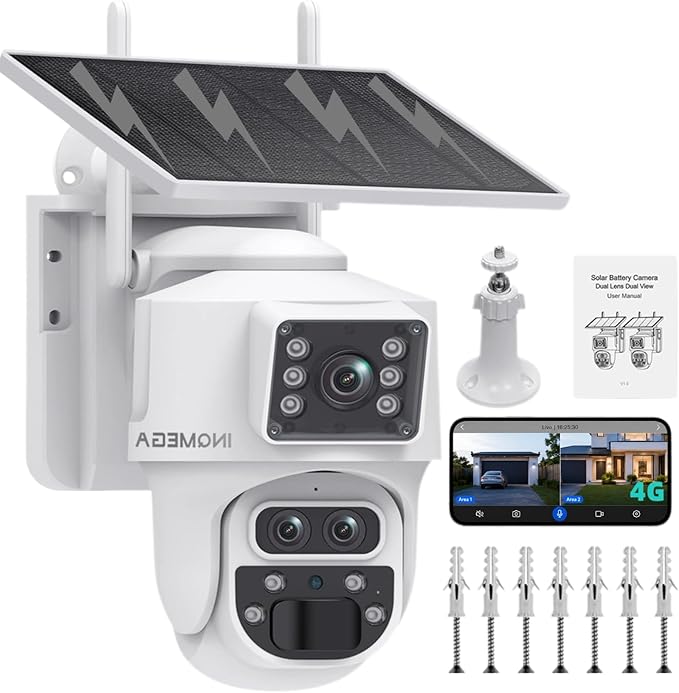 INQMQEGA 4G Solar Security Camera 3K Three Lenses 15X Zoom Outdoor Wireless Camera,PIR Human Motion Detection, Color Night Vision, Spotlight & Siren, Cloud & microSD Storage, App Control