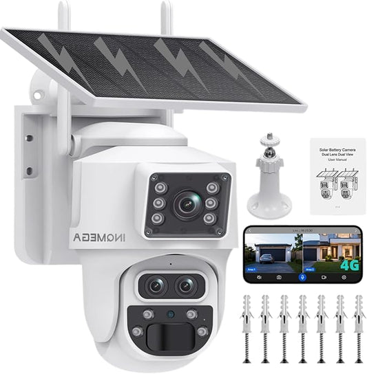 INQMQEGA 4G Solar Security Camera 3K Three Lenses 15X Zoom Outdoor Wireless Camera,PIR Human Motion Detection, Color Night Vision, Spotlight & Siren, Cloud & microSD Storage, App Control