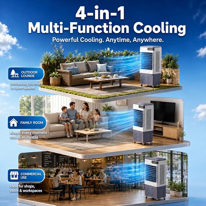 Evaporative Air Cooler, 5.8 Gal Portable Swamp Cooler,3 Speeds, 120° Oscillation, 1–12H Timer, Remote, 4 Ice Packs, for Patio, Garage, Bedroom, Small Room