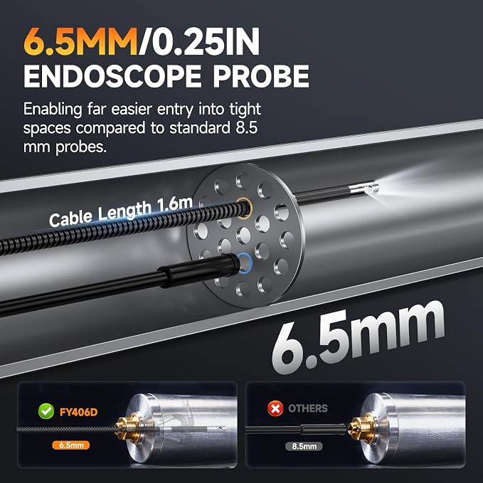 FOXWELL Dual Lens Articulating Borescope, 0.25in Slim 220° Two-Way Endoscope Camera with LED Light, IPS HD Screen, IP67 Waterproof Snake Camera for Automotive, Pipe, Wall & Engine Inspection – 5.3FT