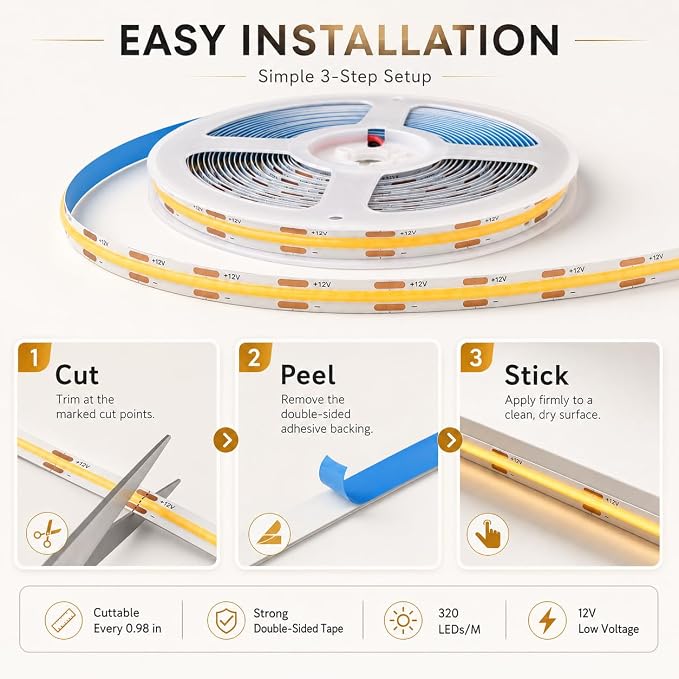 COB LED Strip Lights, 6 in 1 Dimmable Touch Control Under Cabinet Lights, 12V Under Cabinet Lighting Kit, Cuttable Self-Adhesive LED Strips for Display Cabinets, Wardrobes, Kitchen, Shelf Lighting