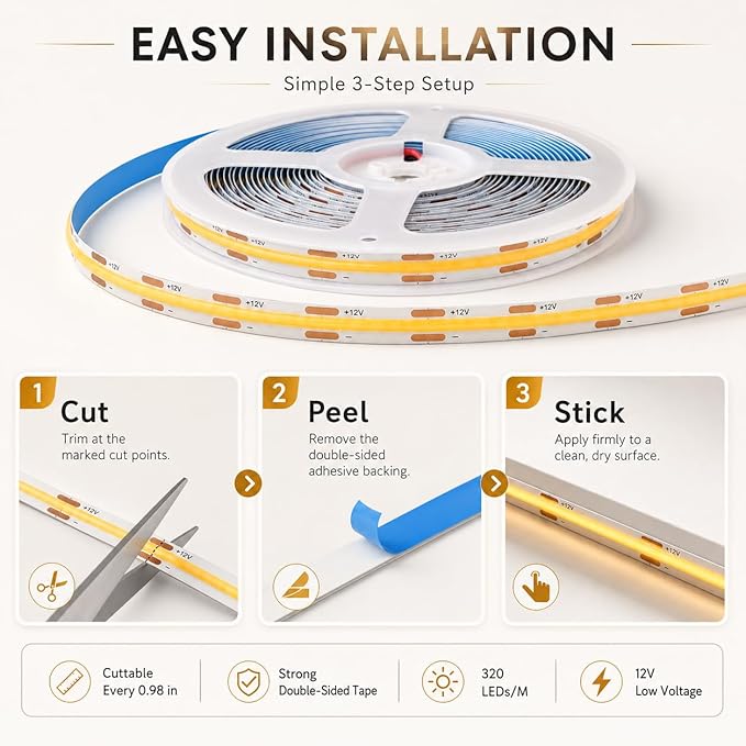 COB LED Strip Lights, 6 in 1 Dimmable Touch Control Under Cabinet Lights, 12V Under Cabinet Lighting Kit, Cuttable Self-Adhesive LED Strips for Display Cabinets, Wardrobes, Kitchen, Shelf Lighting