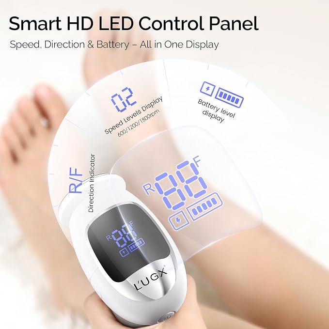 L'UGX Electric Foot Callus Removers –Powerful 8N·cm Torque Professional Pedicure Foot File, 3-Speed Settings, LCD Display, 60pcs Sandpaper Discs, Type-C Rechargeable, Ergonomic Handle-White