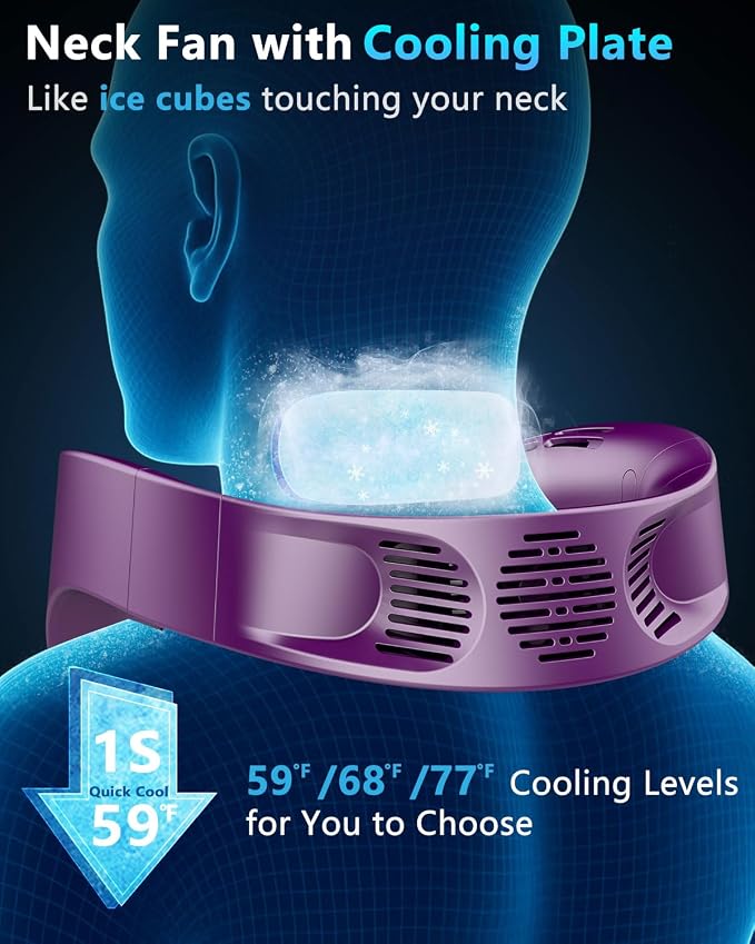 FWV Neck Air Conditioner with Cooling Plate, 1S Quick Cool 59℉, Rechargeable 5500mAh 3-24Hrs Lasting, LED Display Wearable Neck AC, Cordless Bladeless Personal Cooling Fan for Kid Adult Girl Purple