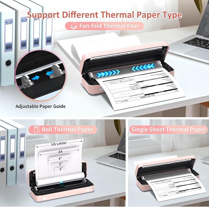 Gloryang Inkless Portable Printer for Travel, Wireless Thermal Printer Supports 8.5 x 11 Inch US Letter Size, Bluetooth Machine Includes Carry Case and 3 Rolls of Thermal Paper Kit, Pink