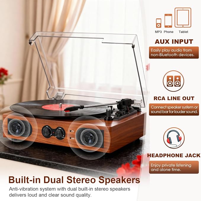 Vinyl Record Player with Built-in Stereo Speakers, 3-Speed Belt-Drive Turntable, Treble & Bass Control, RCA-Out/AUX-in, Headphone Jack Vintage LP Player, Red Wood