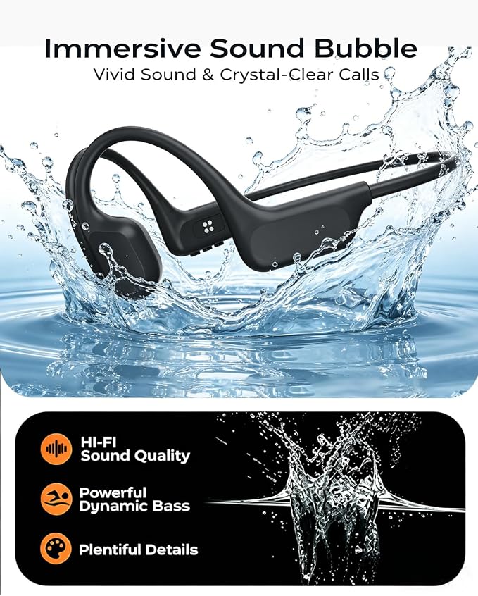 Bone Conduction Headphones, IPX8 Waterproof Swimming Headphones, Open Ear Headphones with MP3 Mode 32GB Memory Up to 10 Hours Playtime, Bluetooth 6.0 Ear Buds Secure Fit for Running and Fitness