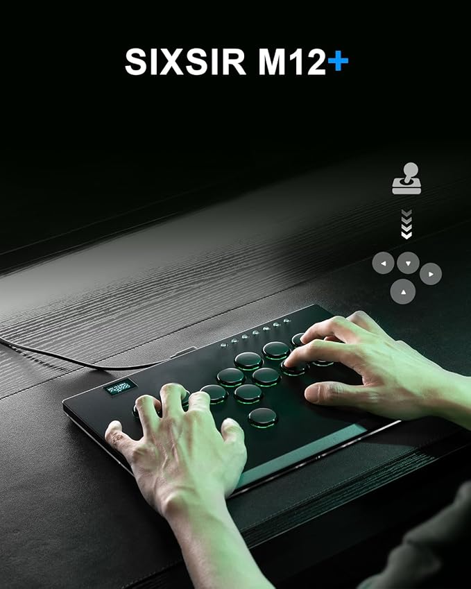 SIXSIR Leverless Arcade Stick Gaming Controller M12+ Large & Slim Aluminum Alloy Template - 12 Key Crystal Low-profile Switches - Custom RGB Leverless Controller for PC/PS4/PS3/Switch
