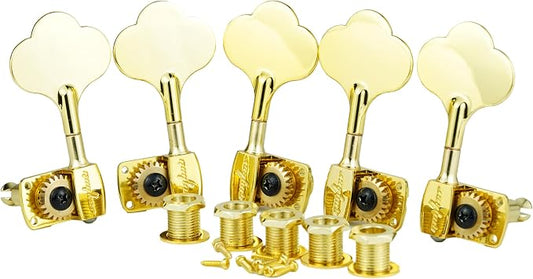 Guyker Bass Tuners (3R + 2L) - 1:22 Ratio Gear Open Frame Bass Drop Locking Machine Head Tuning Key Pegs Replacement for Electric Jazz Guitar Bass or Precision Instruments, BB100 Gold