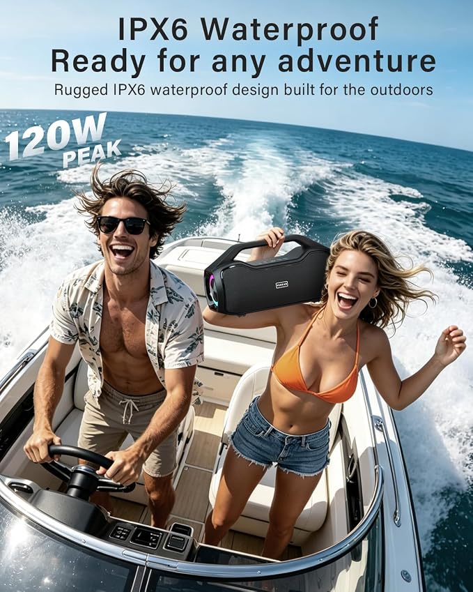 Portable Bluetooth Speaker Bass Boost, 120W Peak Loud Powerful Speakers Wireless w/2*Bass and 2*tweeters, 20H Playtime,IPX6 Waterproof, BT5.4, Suitable for Party, Beach, Camping,Outdoor,Large Jobsite