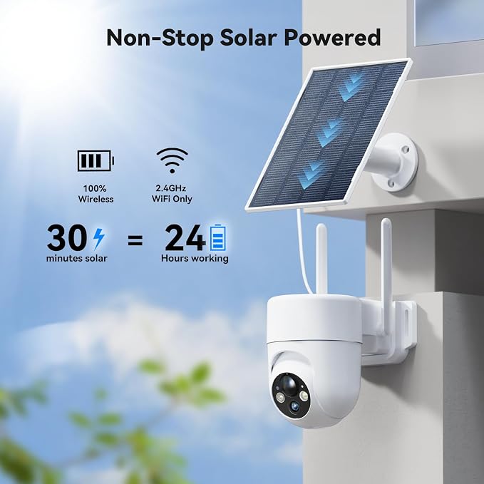 LIWAN Solar Camera Outdoor Wireless, 2.4G WiFi Security Cameras for Home Security, Surveillance Camera Outside with Solar Panel, 2K Color Night Vision, 360°PTZ, PIR Detection, 2-Way Talk