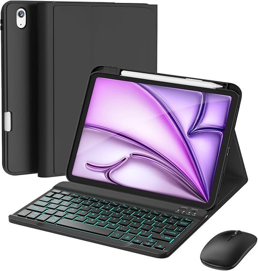 RAYMCRAFT for iPad Air 11-inch Case with Keyboard M4/M3/M2 (2026/2025/2024), Mouse and Detachable Wireless Keyboard Combo for iPad Air 5th/4th 10.9-inch, 7-Color Backlight with Pencil Holder, Black
