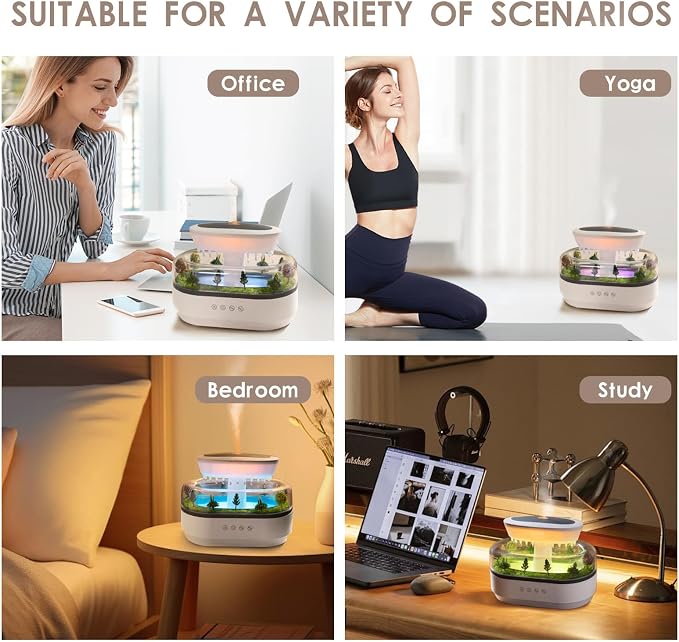 Rain Humidifier – Ultrasonic Rainfall Humidifier with Simulated Water Drop Effect, Quiet Mist for Bedroom, Office & Plants