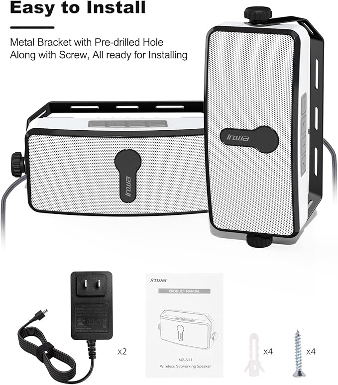 Inwa Bluetooth Outdoor Speaker, IPX5 Waterproof Wall Mount Speaker, Wireless Sync Up to 100 Speakers, Connect Seamlessly to Phone, Computer, Suitable for Patio, Porch, Gazebo, Garage, 2 PCS