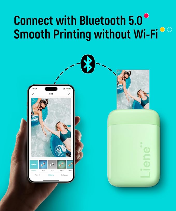 Liene Pearl K100 Photo Printer, 2x3” Mini Portable Instant Phone Printer 50 Zink Adhesive Paper, Bluetooth 5.2 Compatible w/iOS & Android, Small Color Picture Printer for iPhone Smartphone Green
