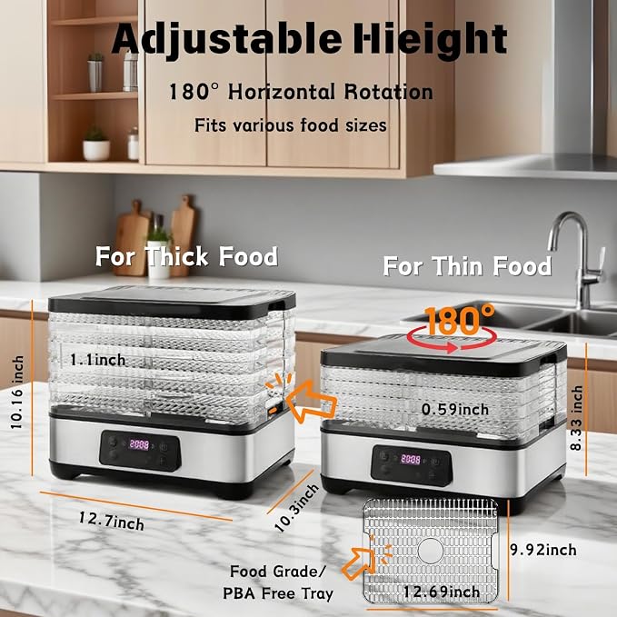 Food Dehydrator Machine-Dehydrators for Jerky Beef Fruit, 300W 158 ℉ Temperature Control & 24H Timer Food Dryer with 5 BPA-Free Trays Fruit Dryer for Herb, Fruit, Dog Treats (Black)